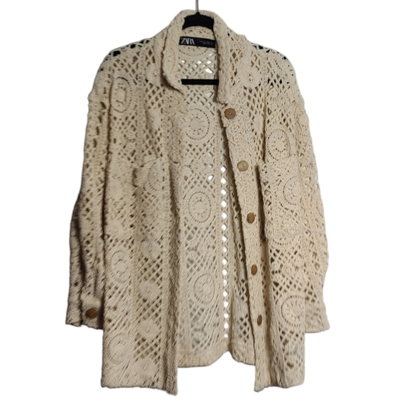 ZARA Open Crochet Cream Button Up Cardigan Shacket Coat Size Large - Picture 1 of 15